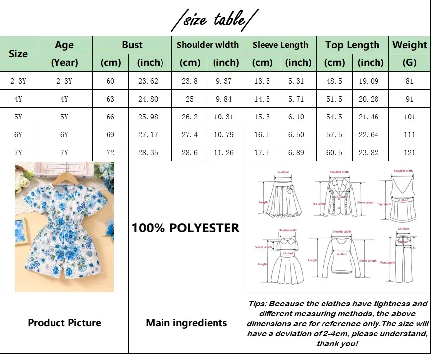 جديد الاطفال فتاة الصيف بذلة قصيرة الأكمام الأزرق زهرة الأطفال رومبير موضة عطلة ملابس طفل صغير 2 3 4 5 6 7 سنوات #3