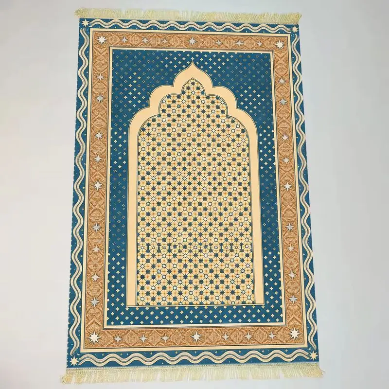 VIKAMA Vintage Teal and Blue Gilded Checkered Fringed Prayer Rug, Lightweight and Portable Islamic Prayer Mat, Home Decor