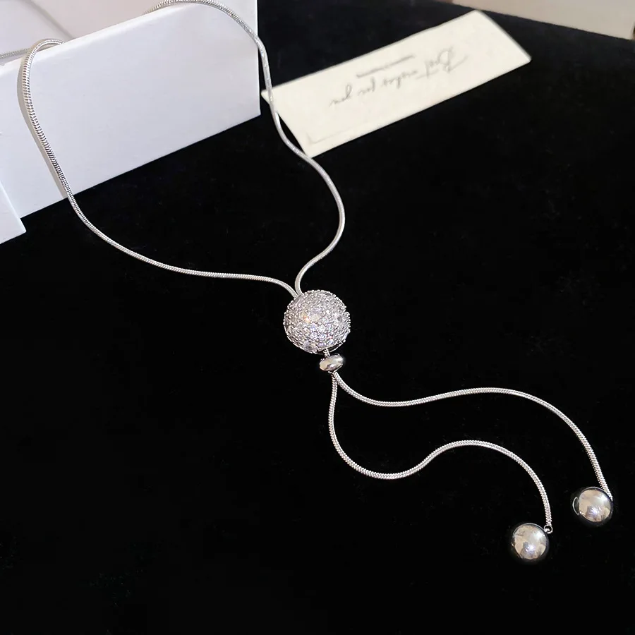 Shiny Zircon Long Tassel Necklace Women's Fashion Round Ball Pendant Necklaces Adjustable Sweater Chain Female Winter Accessory