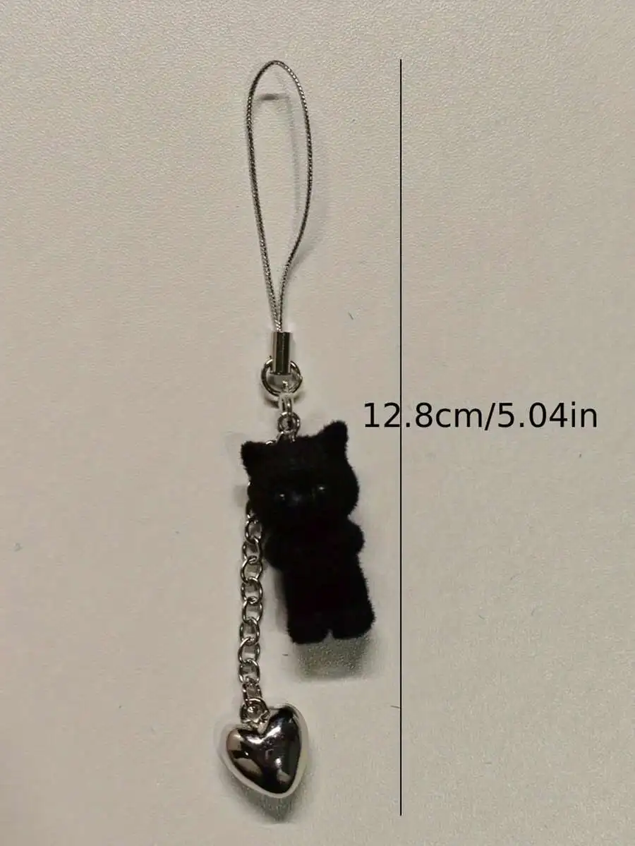

Black Cat Phone Charm With Heart Pendant Faux Fur ABS Decor For Phone Earphone Case