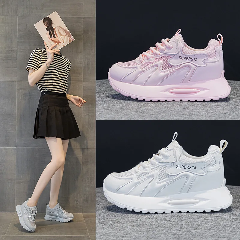 

Лидер продаж, сетчатая обувь из натуральной кожи, женские кроссовки, весна-лето, женская обувь на платформе, на толстой подошве, увеличивающая рост, повседневная обувь