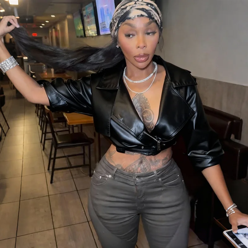 

Укороченные куртки из искусственной кожи, топ с поясом, женская мода, отложной воротник, короткое пальто на молнии с рукавами 3/4, повседневная уличная верхняя одежда