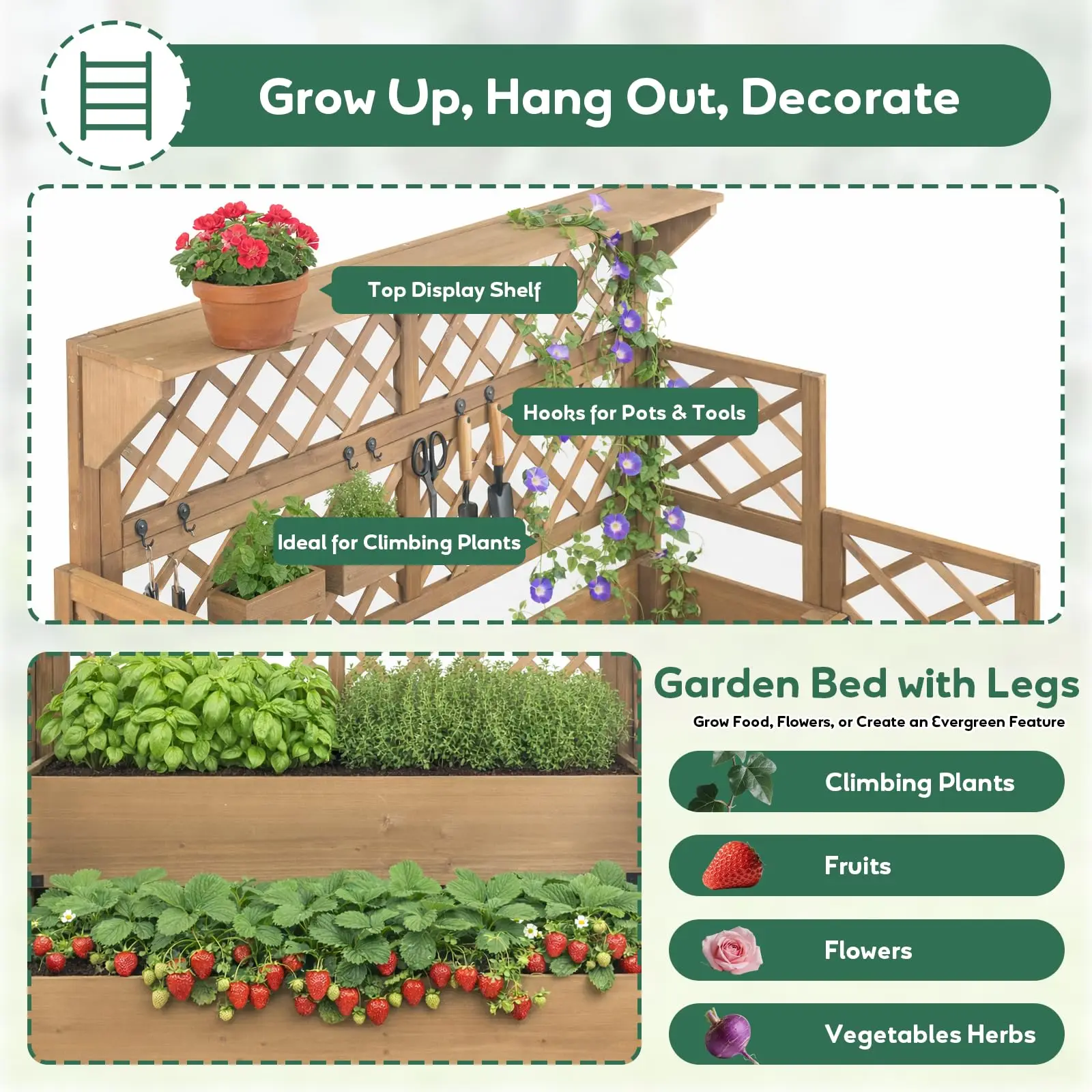 Raised Garden Bed with Trellis & Top Shelf, Outdoor Elevated Planter Box with 2 Planting Areas, Liner & Metal Corners