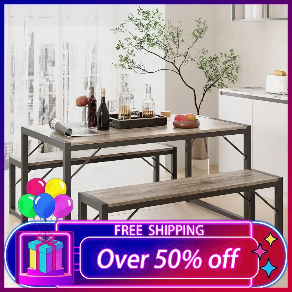 

45.5" Dining Table Set for 4, Kitchen Table Set with 2 Benches, Dining Room Tables Set with Metal Frame & MDF Board,Space-Saving