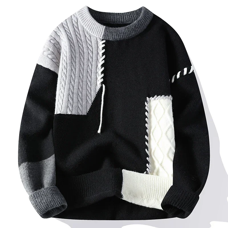 2024 Herbst Winter warme Pullover Patchwork Pullover koreanischen Stil Rundhals Strick pullover Männer Frauen Mode Strickwaren