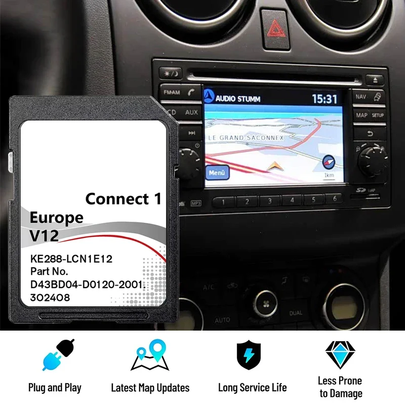 Connect1 V12 SD-Karten-Navigationssystem-Update 2022 für Alle Europäischen Regionen, Kompatibel mit Nissan Micra, Note, Cube, Juke, X-Trail, Cabstar, NV200