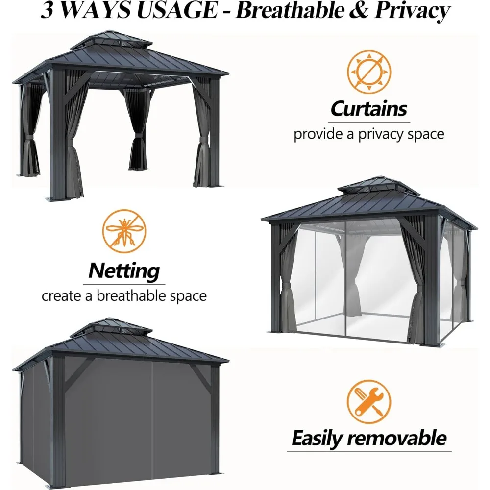 9.5x9.5 FT Hardtop Gazebo with Double Roof - Aluminum Heavy-Duty Galvanized Steel Top Gazebo with Breathable Netting & Curtain