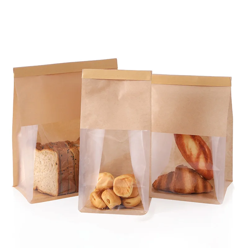 50pcs Toast Bread Packaging Bags Kraft Paper Bag with Transparent Window Oil-proof Handmade Baking Food Pounches Party Supplies