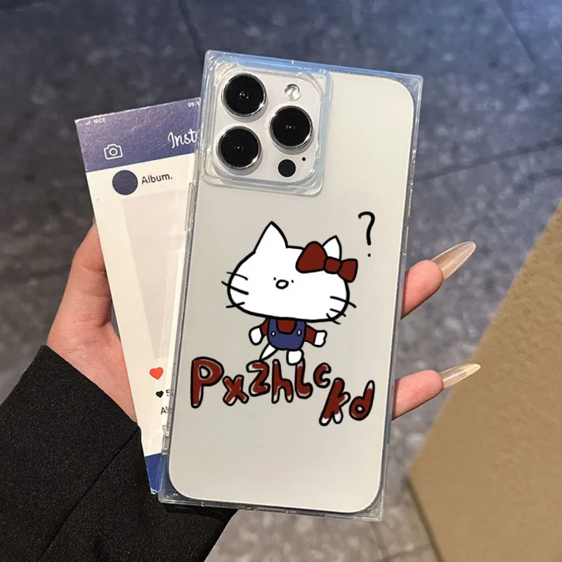 Hello Kitty Funda de teléfono suave cuadrada transparente a prueba de golpes Airbags de esquina compatibles con iPhone 12 13 14 15 16 17