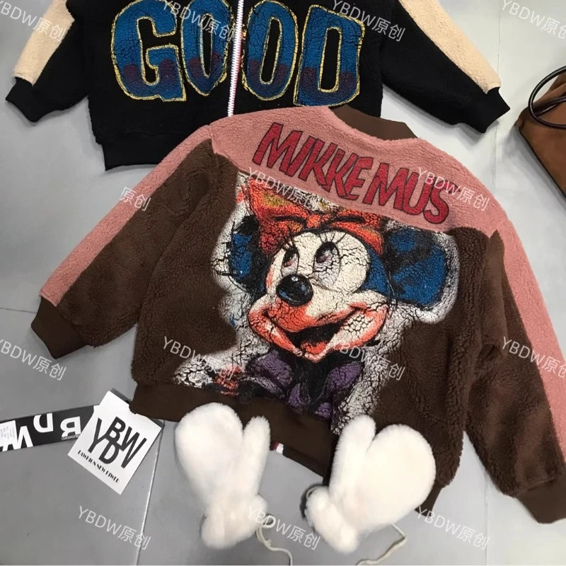 유럽 스타일 가을 겨울 Y2K 만화 캐릭터 루즈핏 컬러 블록 양털 재킷 다용도 캐주얼 야구 코트 지퍼 아우터웨어