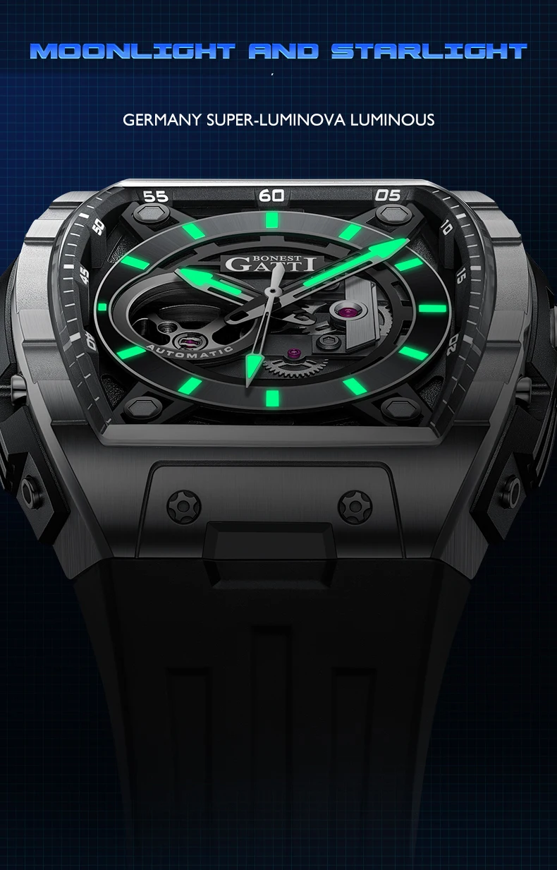 BONEST GATTI ساعة أوتوماتيكية للرجال 46 مللي متر * 51 مللي متر Tonneau ساعة يد ميكانيكية الياقوت مضيئة الهيكل العظمي الهاتفي حزام مطاط الفلور