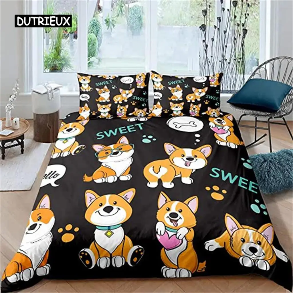 

Kids Dog Duvet Cover Cute Pet Puppy Cartoon Corgi Paw Comforter Cover for Boys Girls Children Teens Bedroom Decor Animal Theme