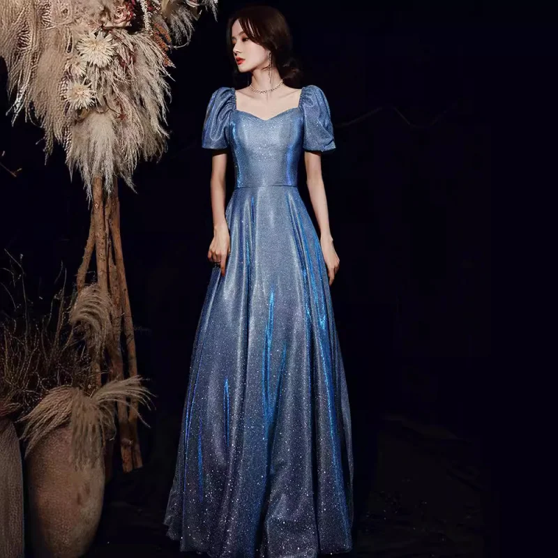 

Art Exam Evening 2024 New Blue Color Long Sequined off-Shoulder Host Starry Sky Banquet Annual Meeting Dress for Women