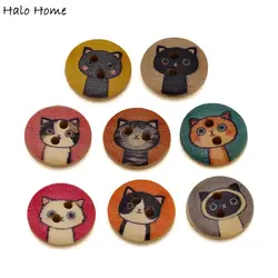 50PCS Adorable Cat Print Wooden Buttons, Colorful Patterns, for DIY Sewing, Clothing Decoration & Craft Projects 15mm