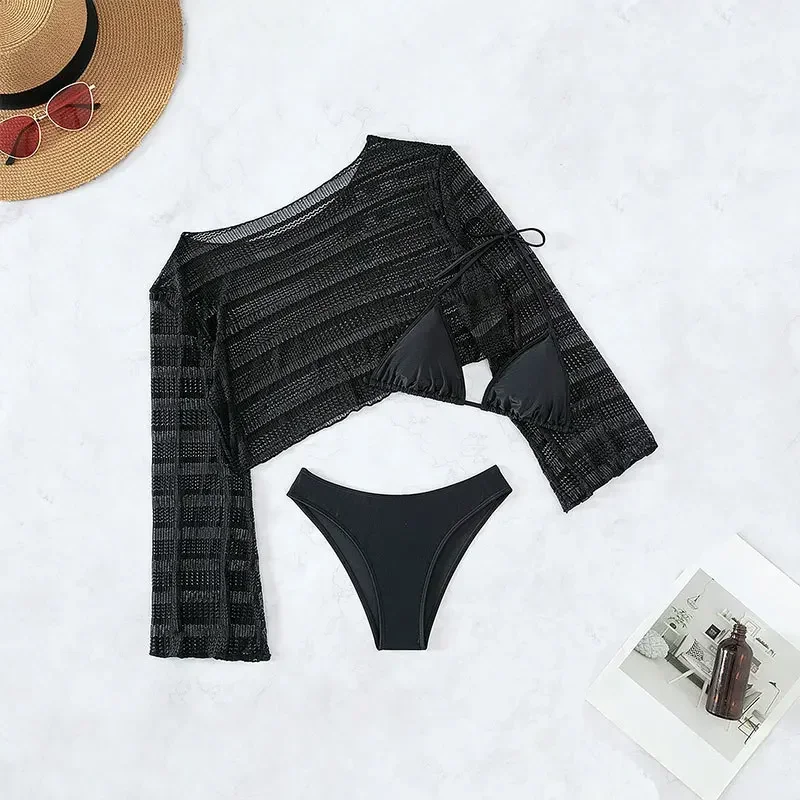 Muslim Swimming Suit for Women Trend Solid Color Mesh Blouse Sunscreen Bikini Three-piece Fashion Swimsuit Woman