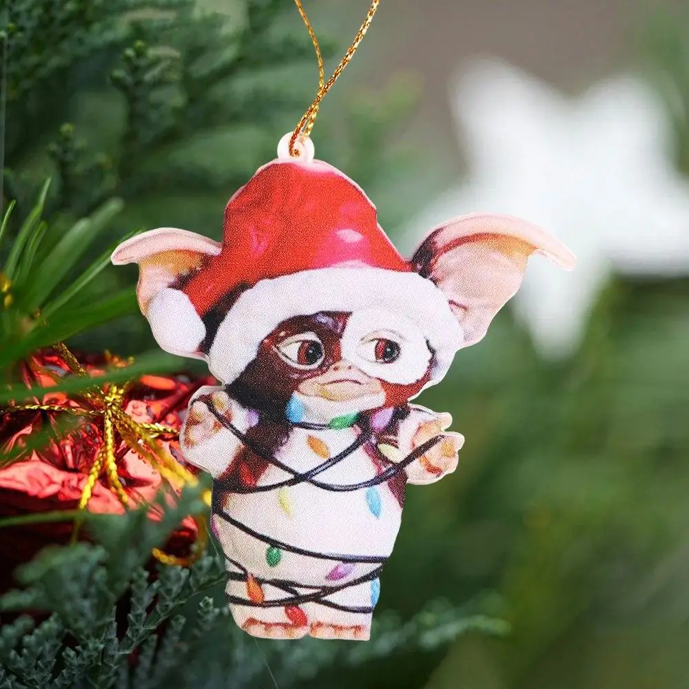 Lindo 2D Gremlins Santa sombrero calcetines perro Dragón Volador Gremlins Gizmo acrílico colgante árbol de Navidad colgantes Noel Navidad