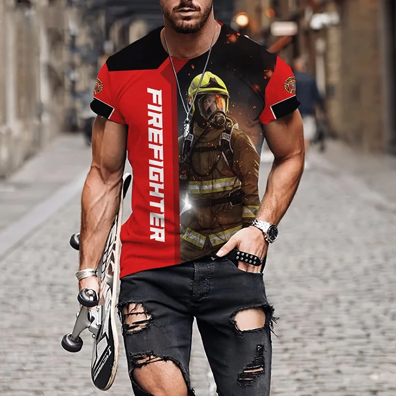 1 Piece Custom Your Picture Casual Short Sleeve T-Shirt. Large 3D fireman graphic print. Summer fashion. For men and women.