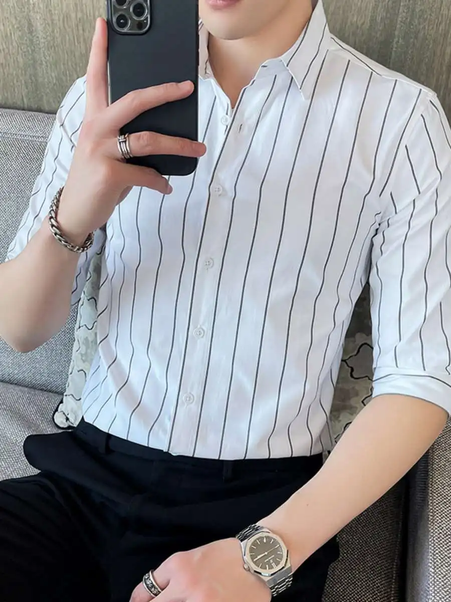 

Slim Fit Striped Men's irt Haome Seven Sve Casual irt Versatile Trendy Faionable Summer Travel irt Korean Sle
