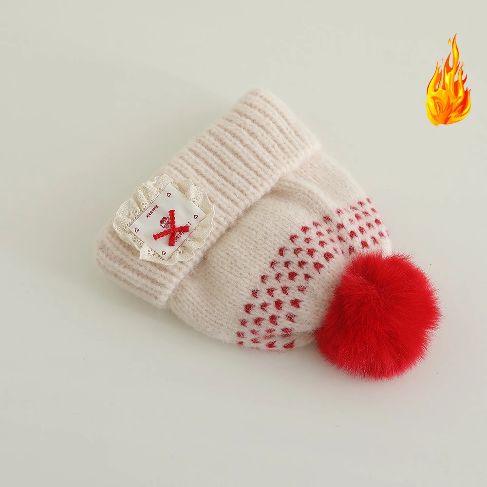 Ragazze Autunno Inverno Cappello di lana lavorato a maglia 50-54 cm Ragazzi Caldo Addensare Berretto antivento Bambini Cappelli con fiocco in pizzo a prova di freddo Moda per bambini CuteCap