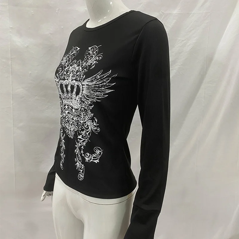 Crown wing print ribbed INS long sleeved top 2026 women's black slim fit Gothic Y2K dark street style T-shirt - view 4