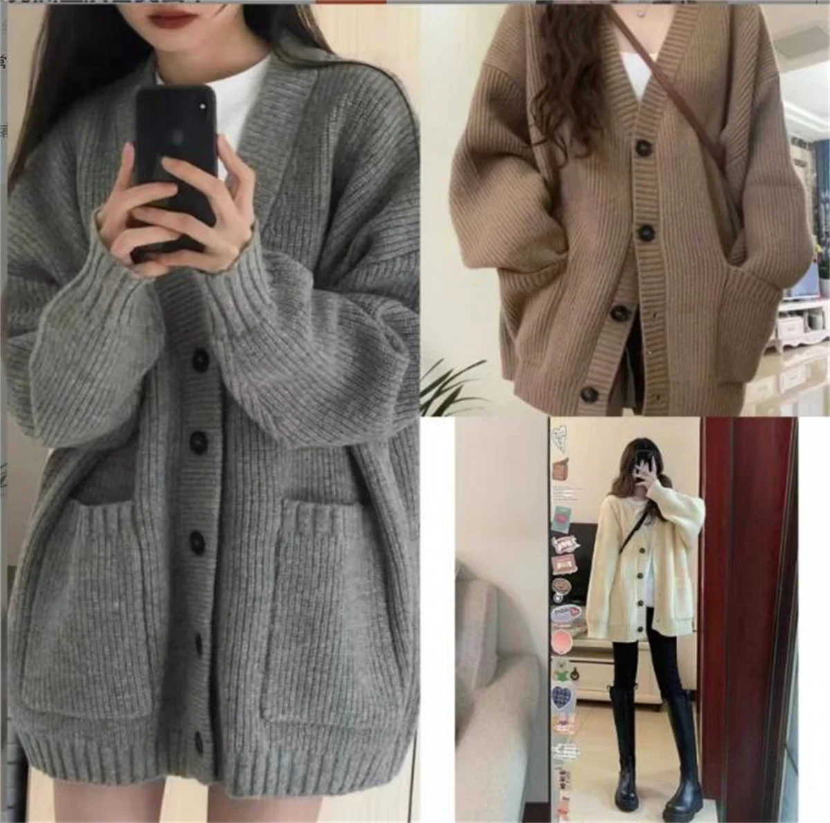 Women's Long Sleeved Cardigan Loose Knitted V-neck Coats Female Fashion Single Breasted Sweater Cardigans Autumn Winter Casual