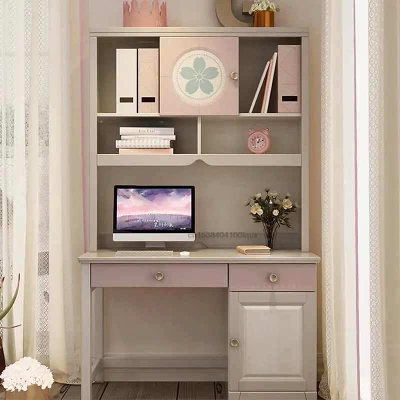 Girl Liked Lovely Pink Solid Wood Learning Desk Simple Household Student Writing Desk And Bookcase Combination Home Furniture