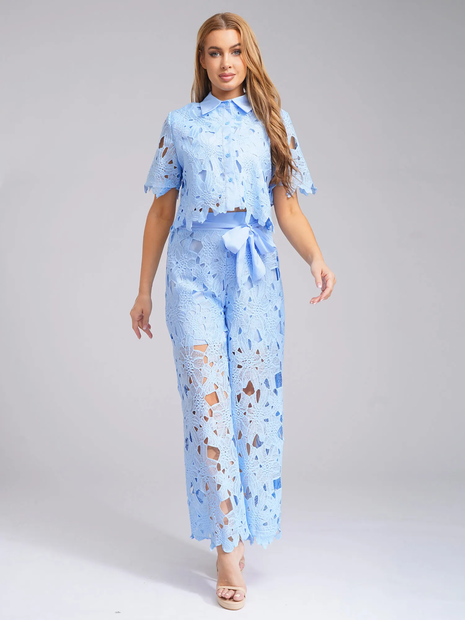 

Elegant Women Sets Lapel Outfits Floral Hollow Out Short Sleeve Suits Summer Evening Birthday Party Pants Suit Woman Clothes