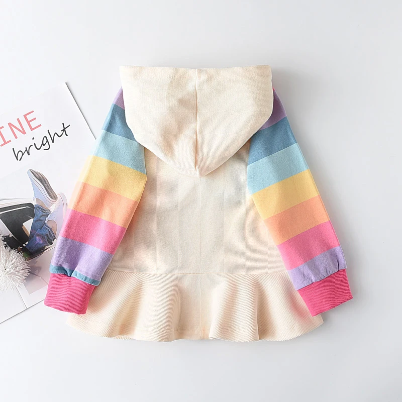 Bear Leader Girls Sweatshirt Hooded Dress Children Kids Long Sleeve Korean Rainbow Stripes Dresses Autumn Winter Girls Clothing