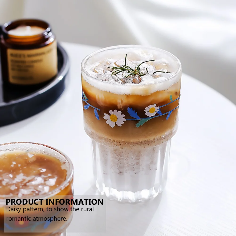 

4Pcs Daisy Glass Cups Pastoral Style Retro Beverage Cups Smooth Rim Lightweight Juice Milk Coffee Drinking Cup