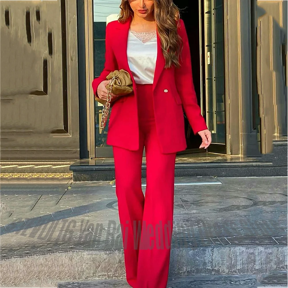 

Red Single Button Blazer 2PC Women Suit Peak Lapel Straight Fit Outfit Formal Wedding Business Ladies Matching Pants Set