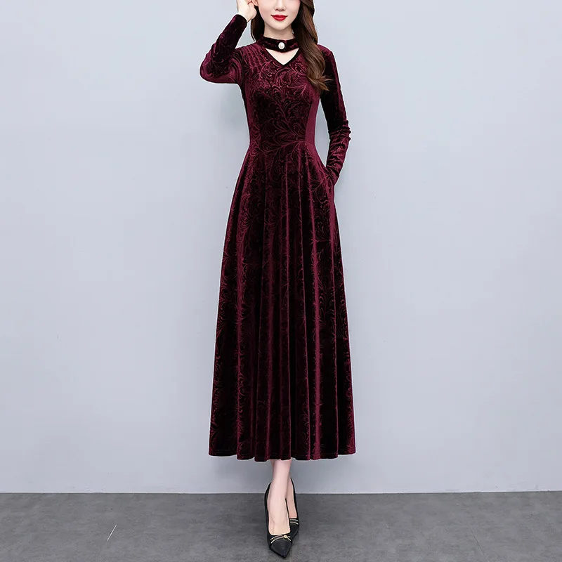 HKSH 2024 Spring Autumn Winter Women Tide Elegant Gold Dress Large Size Shrink Waist Thin Dress Luxury O-neck Office Lady H2894