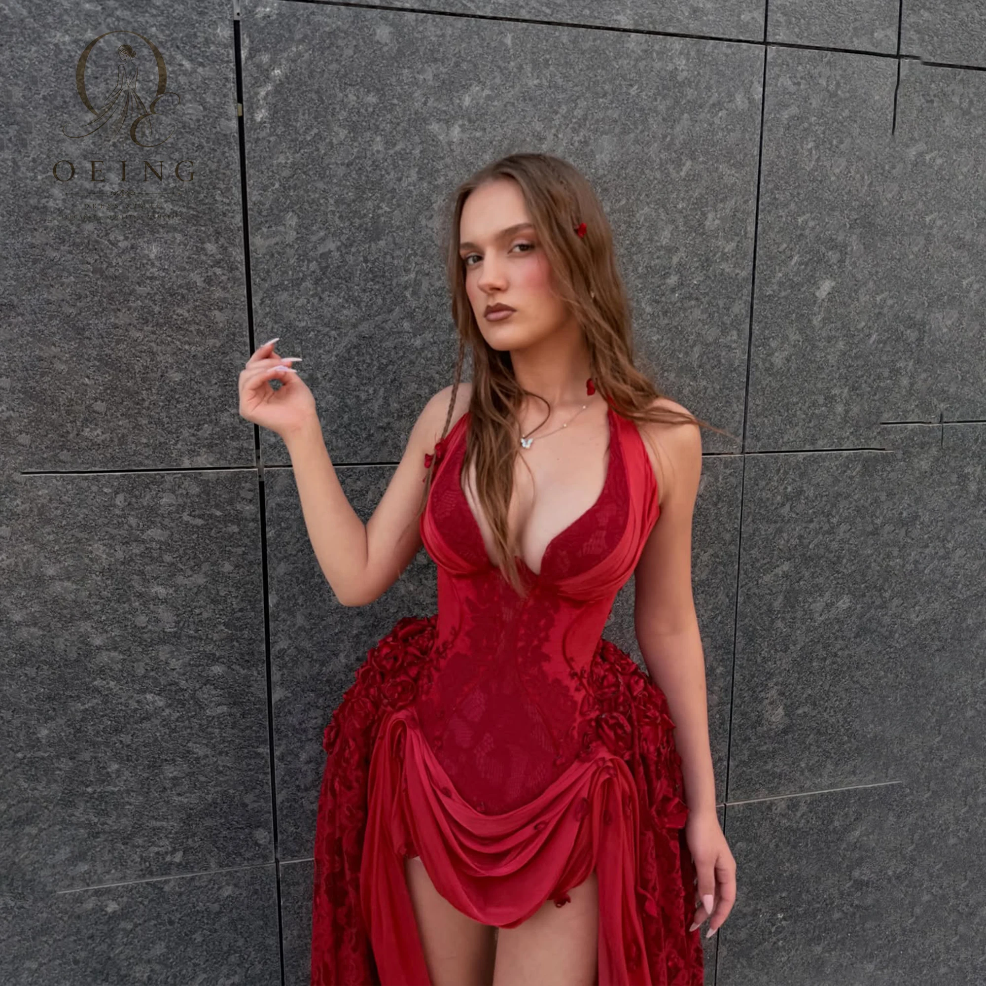 Red Halter Prom Dress Lace Corset Evening Dress with 3D Rose Applique Mini Party Gown Romantic Cocktail Dress Customized view 2