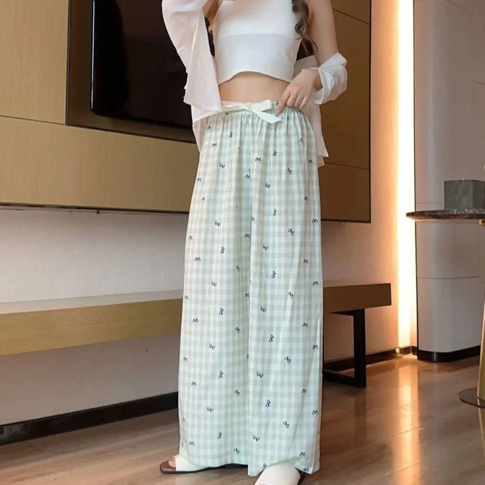 

Comfortable Stripe Plaid Bowknot Pajama Pants Sweet Bow Sleepwear Pants Women Indoor Outdoor Thin Grid Long Pants Spring Autumn