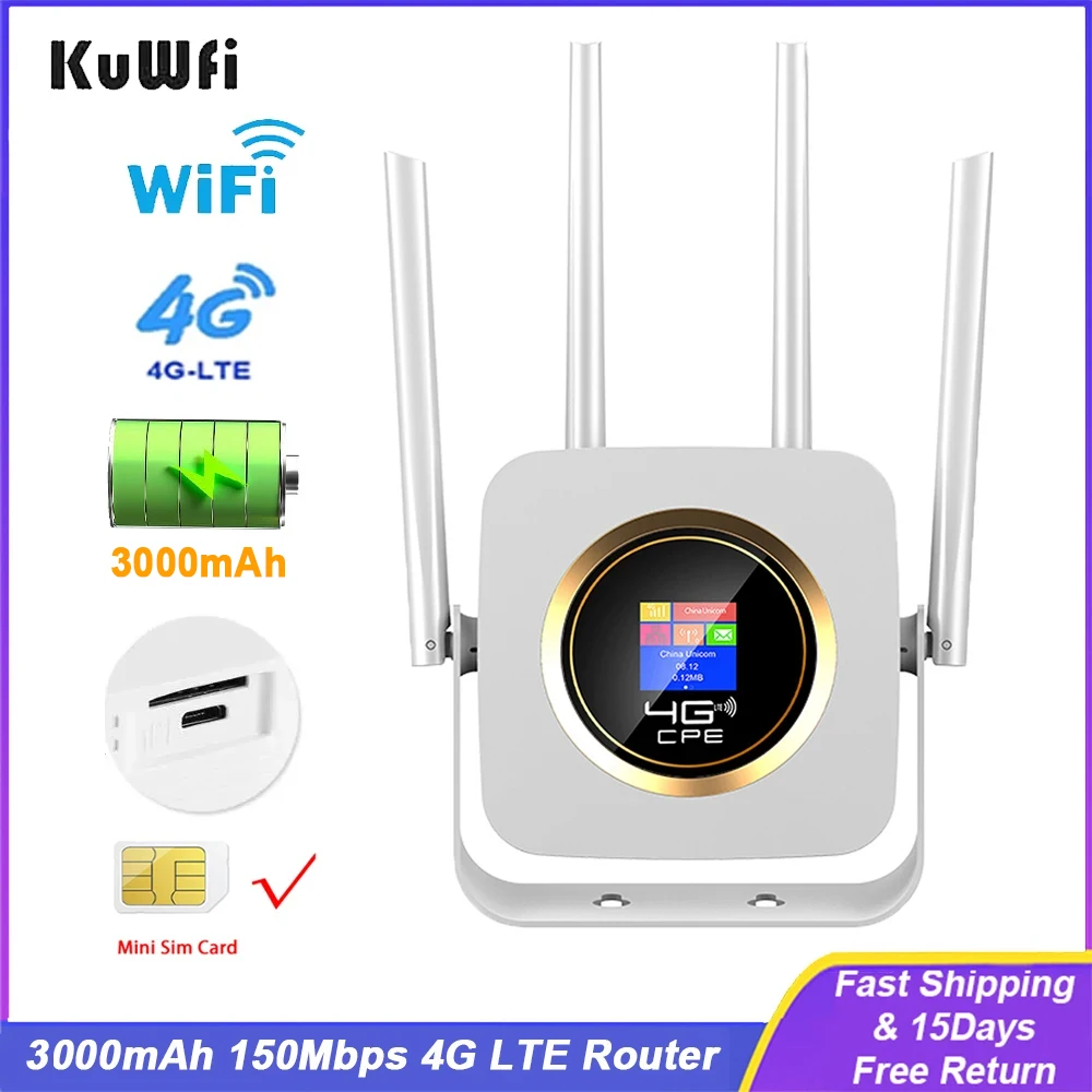 KuWFi 4G LTE Router 3000mAh Wi-Fi Router 150Mbps CAT4 Wireless CPE Router with RJ45 Port Sim Card Slot Wi-fi Hotspot 4 Antenna