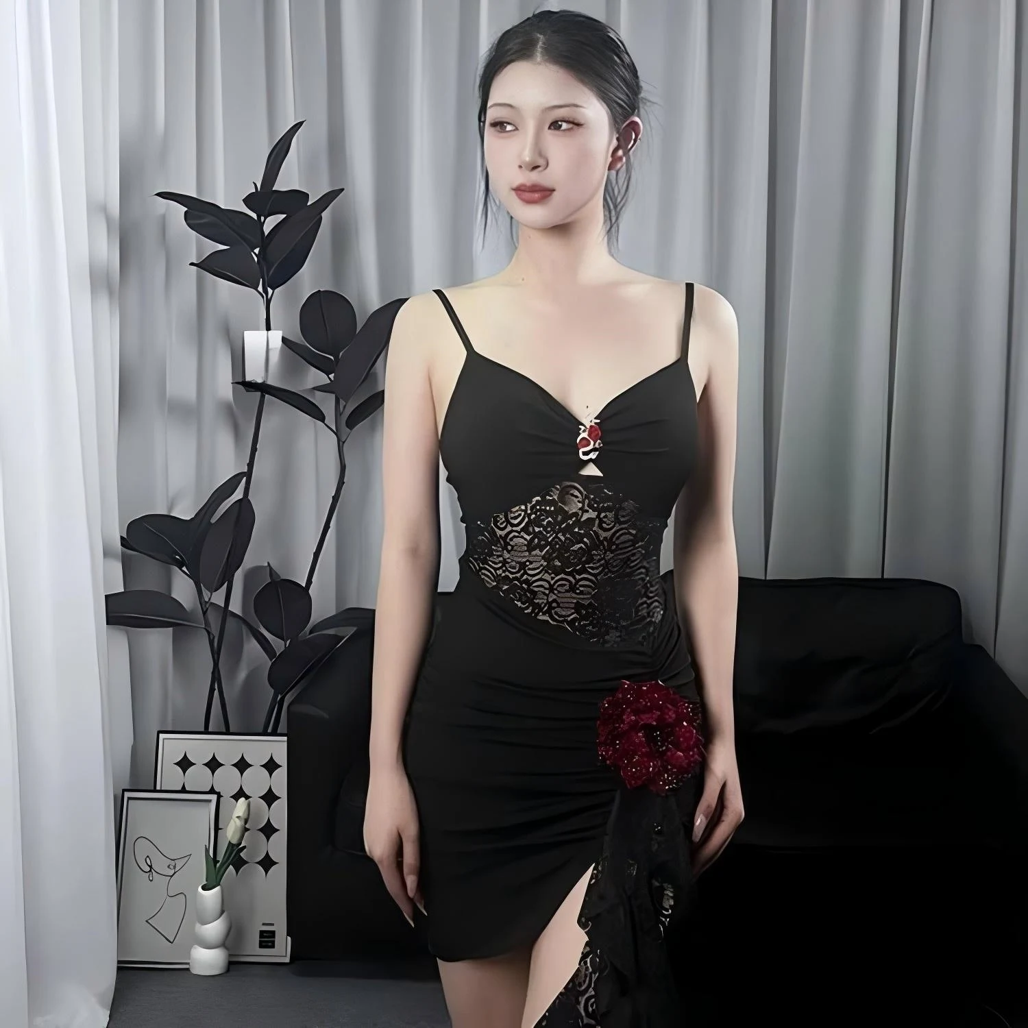 2025 Concorso di danza latina Abbigliamento per le donne Abito con cinturino in pizzo per adulti Costumi di performance di danza Chacha Abito latino DN20669