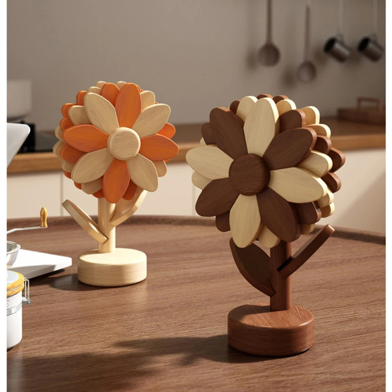 Sunflower Themed Heat Resistant Tray Mat Solid Wood Coaster Anti-Scald Pad For Kitchen Dining Table Pot Bowl Cup Table Decoratio
