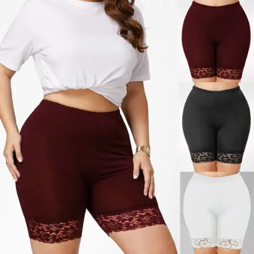 Women High Waist Safety Short, Plus Size Seamless Pants, Solid Color Lace Trim Briefs