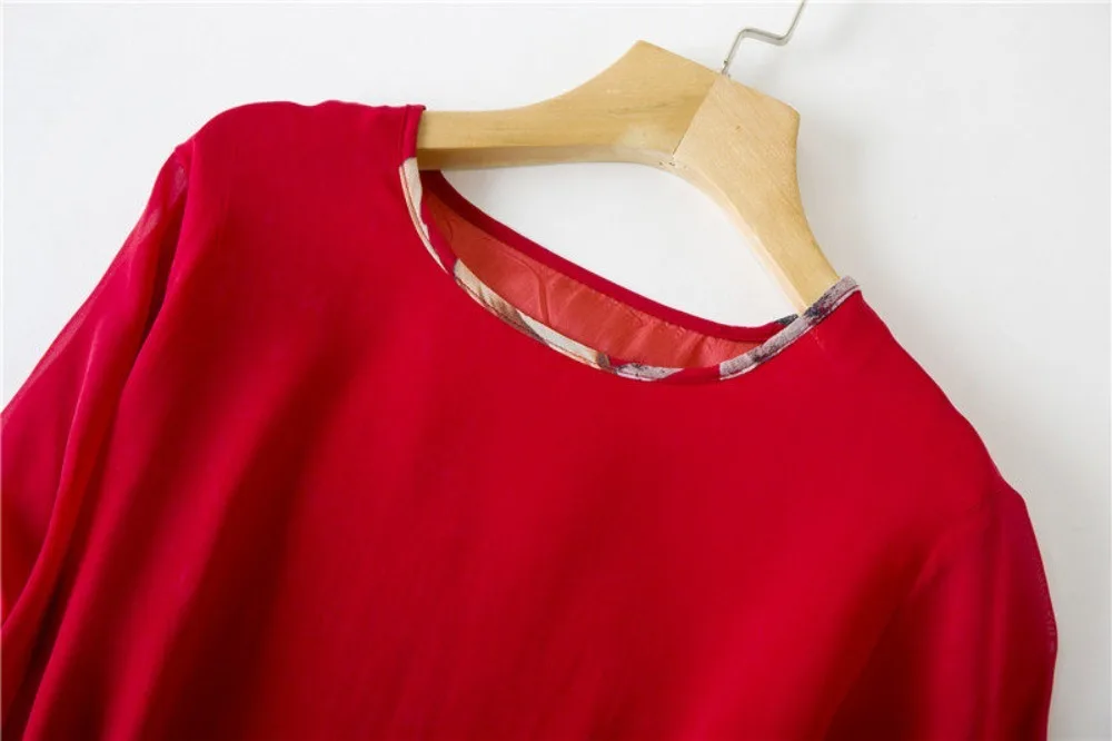2026 Women's Fashion Spring New 100% Natural Mulberry Silk Georgette Double Layer Red Round Neck Three-quarter Sleeve Dress