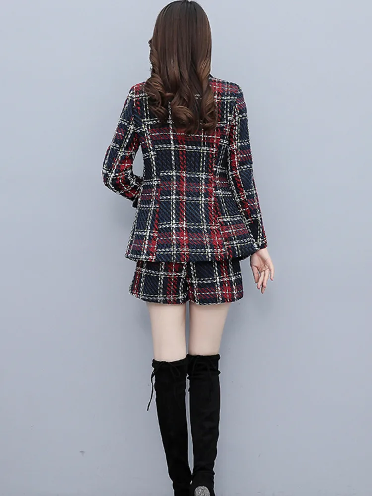 Tweed Jacket Short Pants Two Piece Set Women 2023 Spring Small Fragrance Double-breasted Coat Plaid Blazer And Shorts Tweed Suit