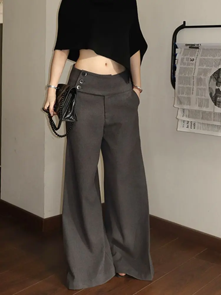Deeptown Black Wide Leg Women Pants Y2k Gray Low Waist Korean Fashion Straight Trousers Baggy Casual Classic Faux Woolen Winter