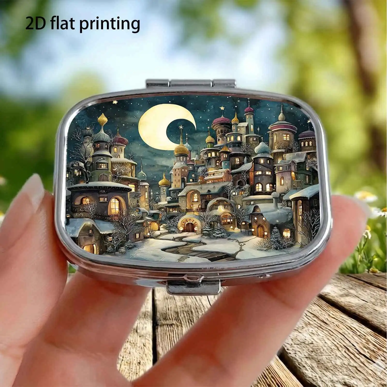 Dreamy Fairy Tale Snow Night Crescent Moon Onion-Shaped Castle Winter Starry Sky Snow Scene Illustration Pattern, Small Square Two-Compartment Pill Organizer, Portable Medicine Storage, Can Also Be Used as a Household Portable Organizer, Decorative Box, Perfect for Handbags, Wallets, and Travel, Metal Storage Box, Small Jewelry Organizer, Holiday Gifts, Souvenirs, Prizes, Small Gifts