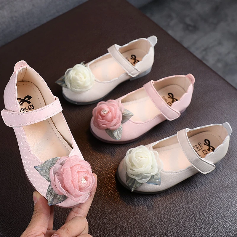 Baywell Children's Girl Shoes Lace Big Flower Design Kids Princess Shoes Baby Girls Shoes For Party and Wedding PU Single Shoe