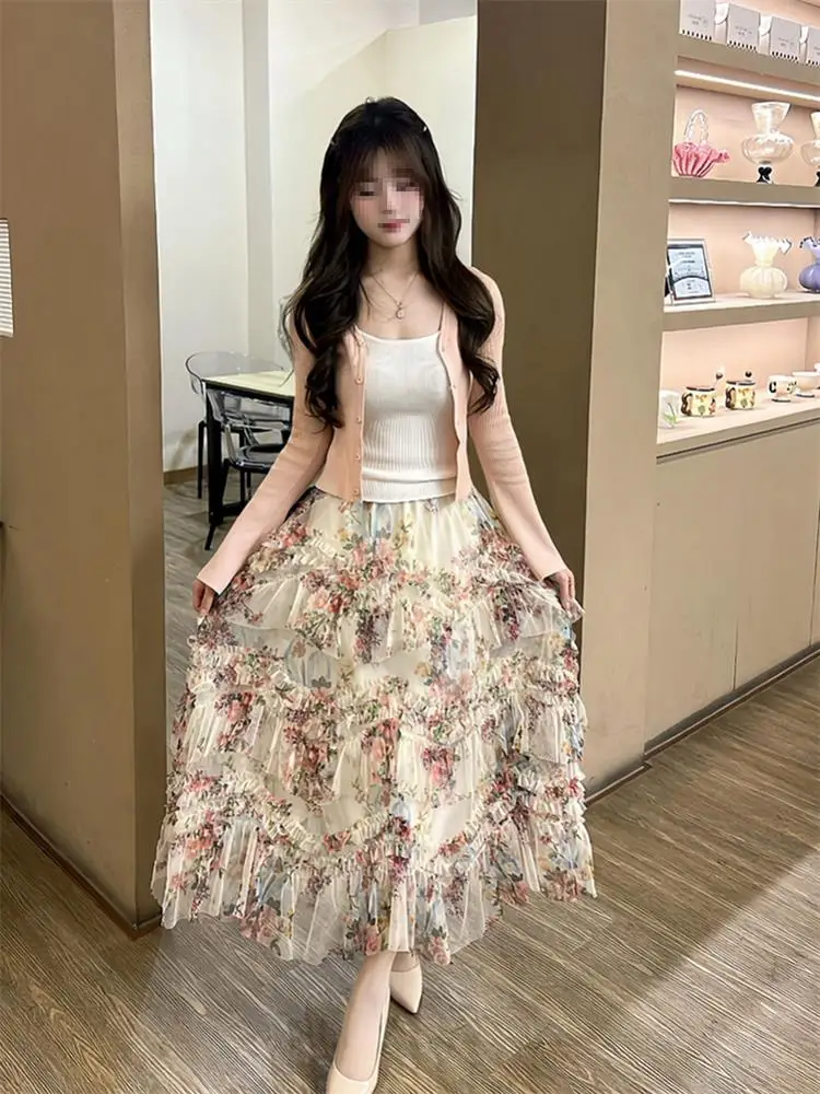 

Женская юбка с цветочным кружевом, весна 2026, пышная юбка-тортик, юбка для пикника в деревенском стиле, с завышенной талией, А-силуэт, повседневная