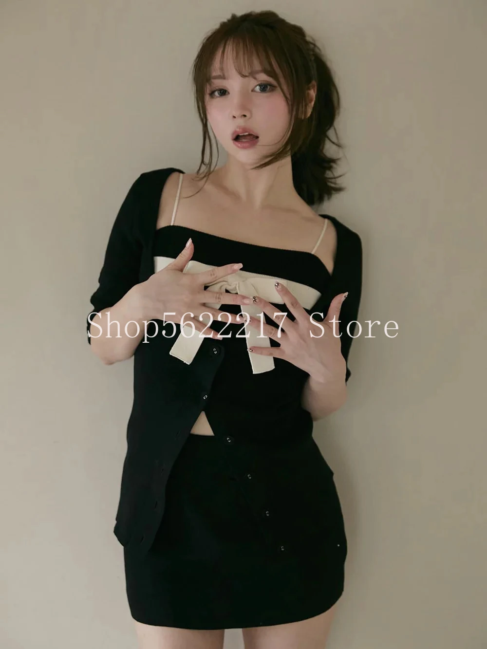 

Japanese Wind Summer Women Half Sleeve Knitted Cardigans Coat Cute Bow Sleeveless Camis Top Slim Hip Mini Skirts Female Suits