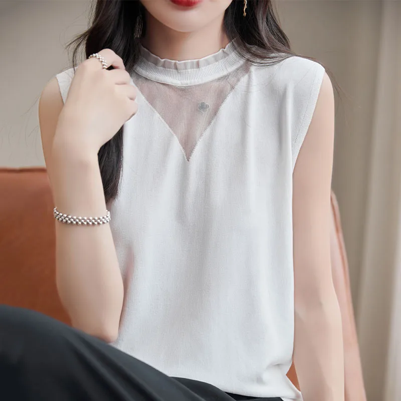 Summer New Mesh Lace Half Height Round Neck Tank Top T-Shirt For Women, Versatile Stylish Sleeveless Solid Color Knitted Basetop