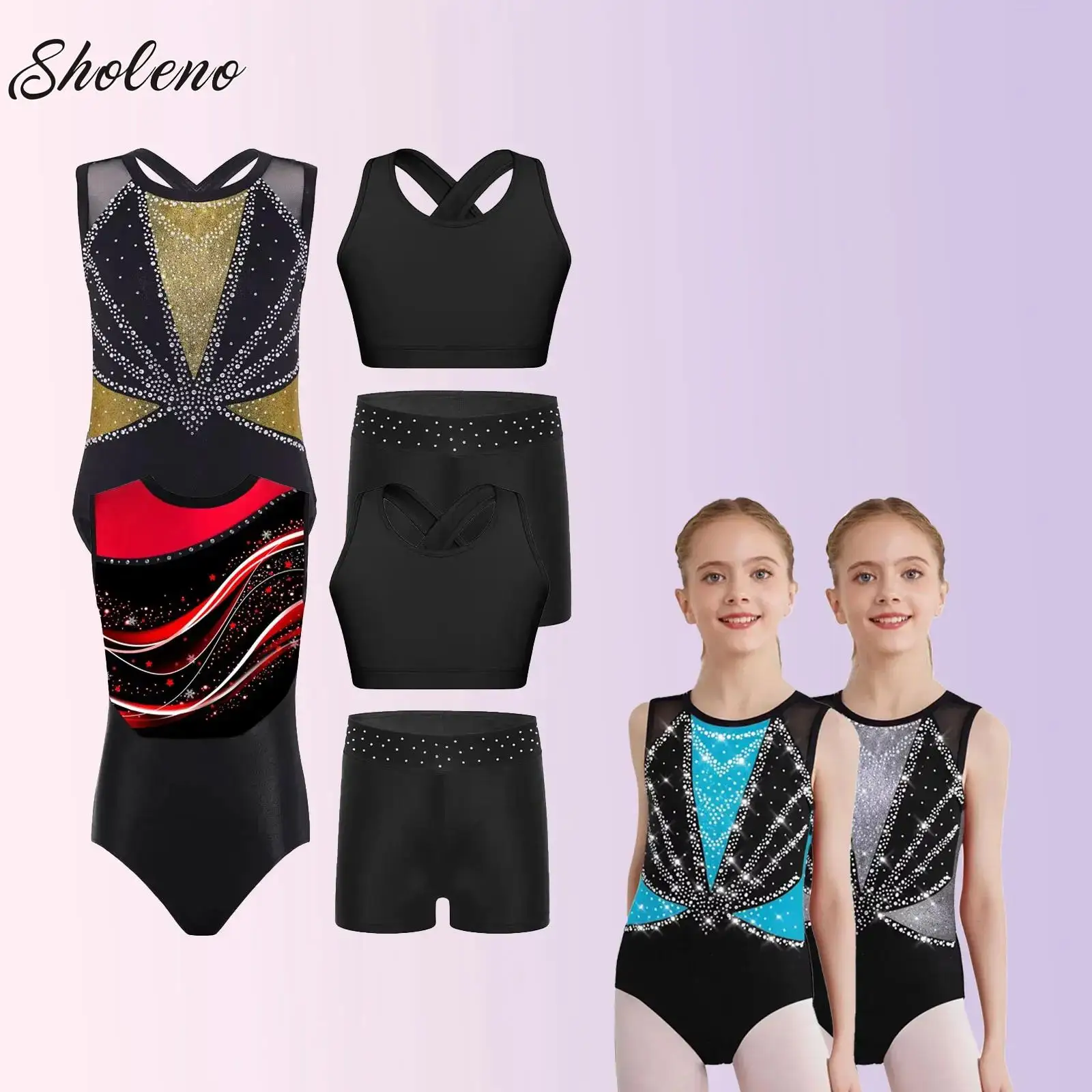 

Kids Yoga Dancewear Sets Sleeveless Ballet Tutu Gymnastics Leotard Vest And Shorts for Girls Children Figure Skating Jumpsuit