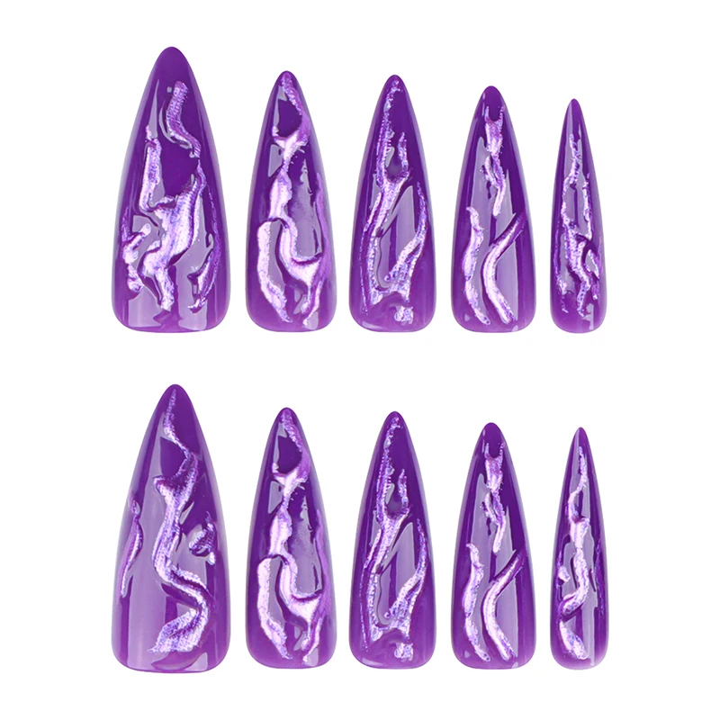 24Pcs Halloween Fake Nail Purple Magic Mirror Powder 3D Press on Nail Long Pointed Style European and American False Nail