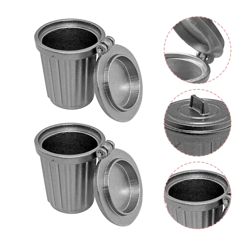 2 Pcs Mini Trash Can Miniature Bin House Adornment Ornaments Garbage Decorations Layout Model Alloy