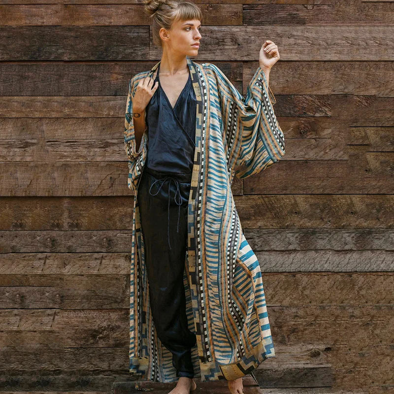 Fashion Women Summer Holiday Bohemian Print Loose Cardigan Coat Beach Cover Ups Maxi Kimono Long Dress