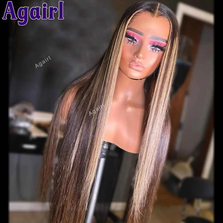 

Highlight Blonde Brown 13x4 13x6 Lace Frontal Straight Wig Hanging Ear Hair Blonde Colored Human Hair Wigs Pre Plucked for Women